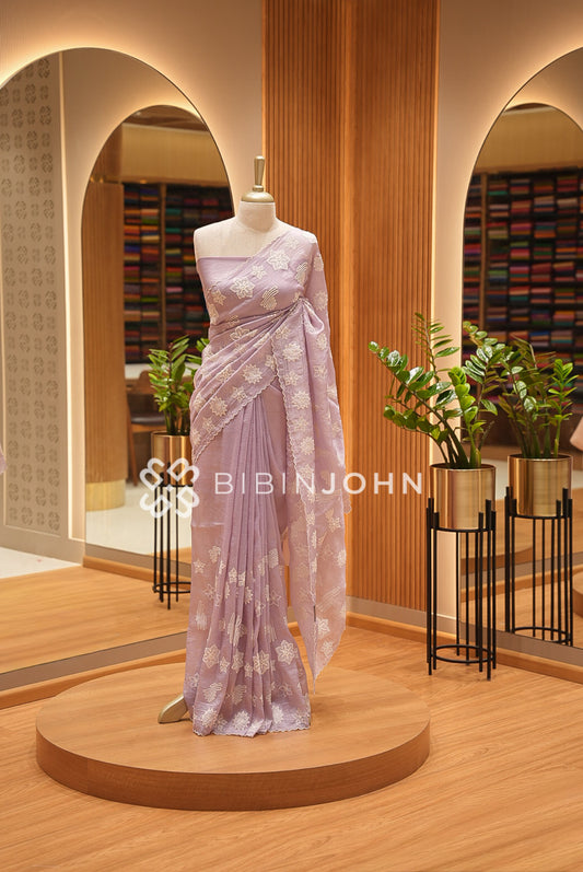 Tissue Organza Embroidery Saree For Women Lavender BJ1413