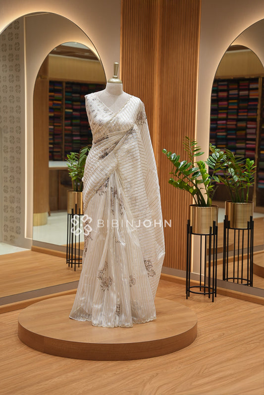 Tissue Organza Saree For Women Ivory Beige