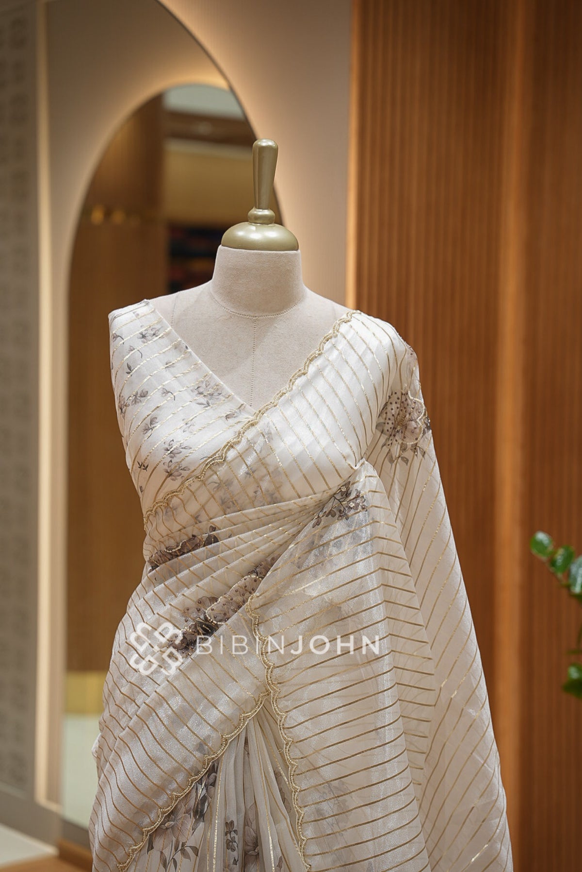 Tissue Organza Saree For Women Ivory Beige close view