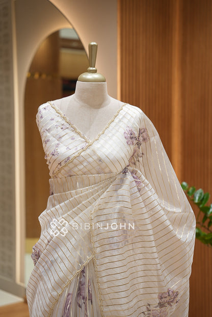 Tissue Organza Saree For Women Ivory  CLOSE VIEW