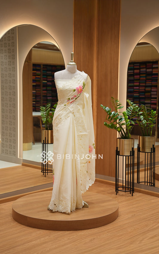 Silk Embroidery Saree For Women Ivory White with Pink BJ1418