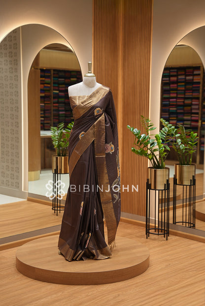 Bhagalpur Embroidery Saree For Women Dark Brown BJ1419