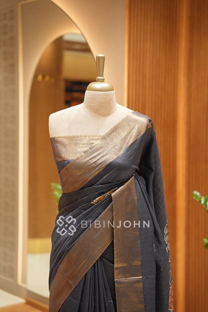 Bhagalpur Embroidery Saree For Women Charcoal Grey BJ1421