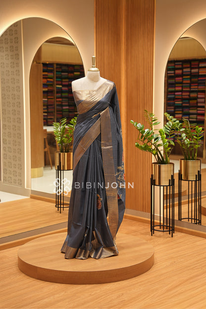 Bhagalpur Embroidery Saree For Women Charcoal Grey BJ1421