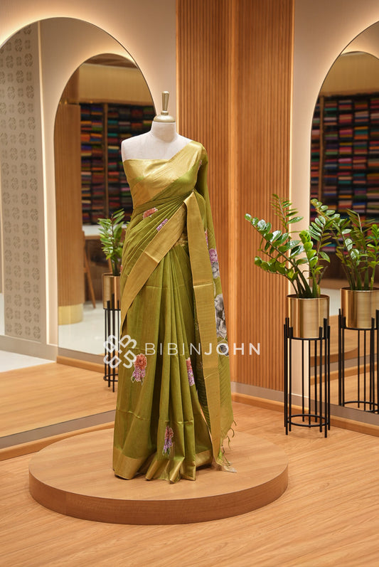 Bhagalpur Embroidery Saree For Women Olive Green BJ1422