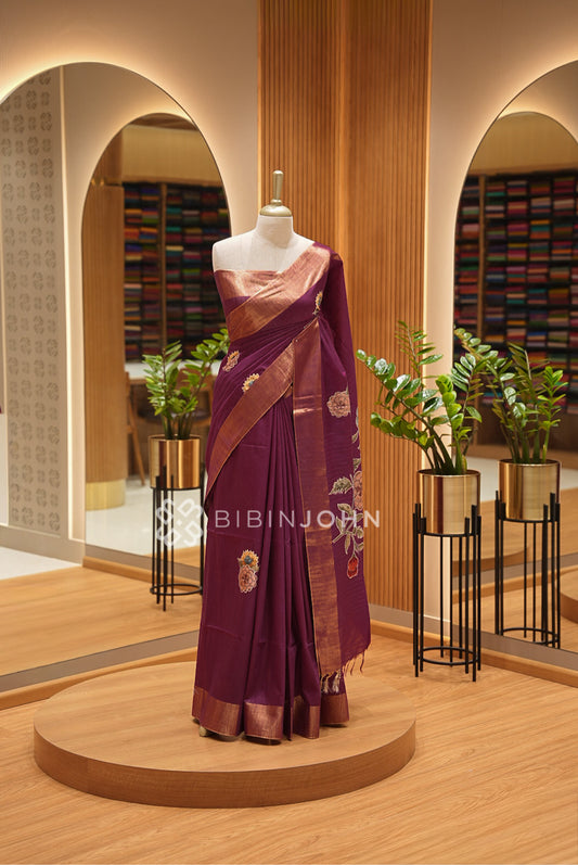 Bhagalpur Embroidery Saree For Women Wine with Copper-Golden Border BJ1424