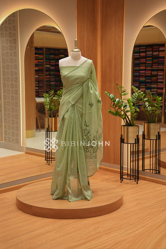 Tissue Organza Embroidery Saree For Women Light Pista Green BJ1425