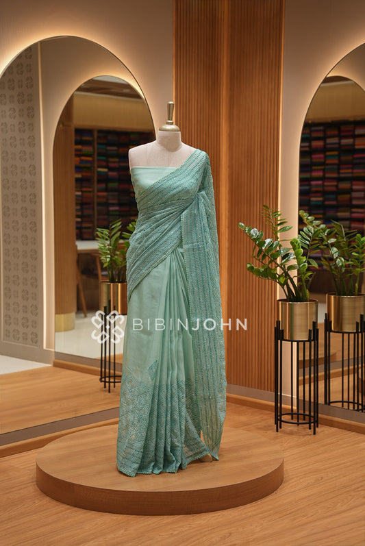 Tissue Organza Embroidery Saree For Women Sea Green BJ1426