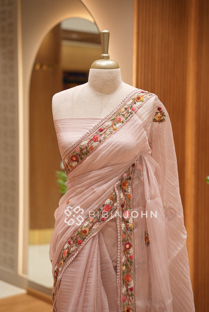 Tissue Organza Embroidery Saree For Women Blush Pink BJ1427