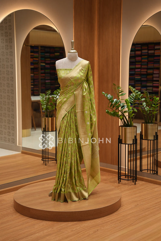 Silk Brocade Saree For Women Light Pista Green BJ1432