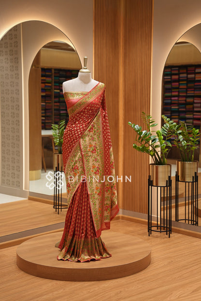 Georgette Brocade Saree For Women Rust Red BJ1434