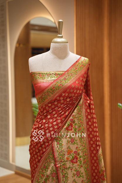 Georgette Brocade Saree For Women Rust Red BJ1434