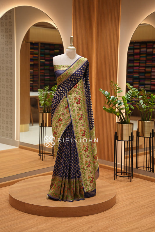 Georgette Brocade Saree For Women Navy Blue BJ1436