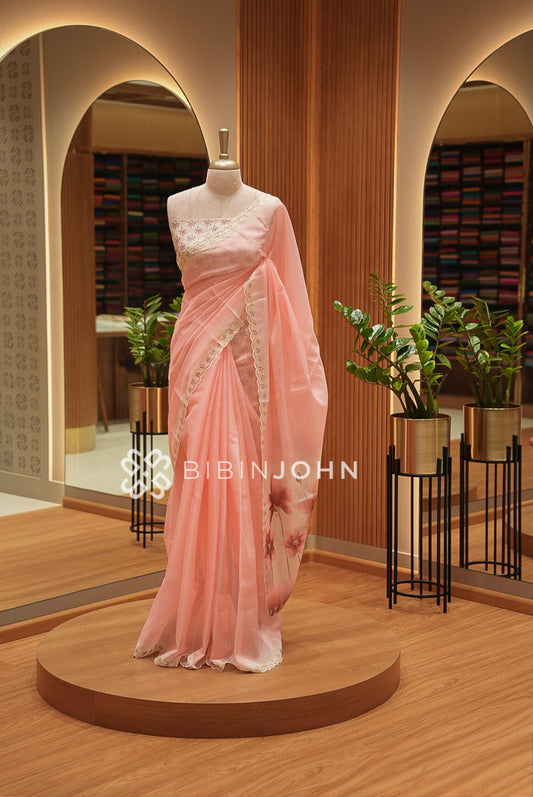 Cotta Embroidery Saree For Women  Pastel Peach Pink BJ1442