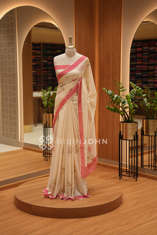 Printed Cotton Saree For Women Ivory White BJ1444