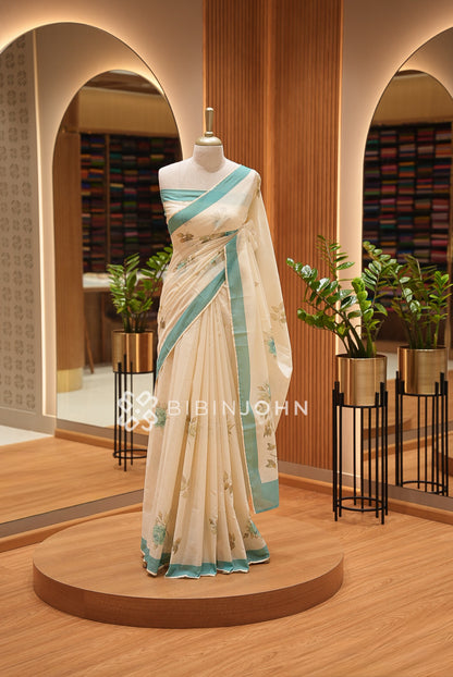 Printed Cotton Saree For Women Ivory White BJ1445