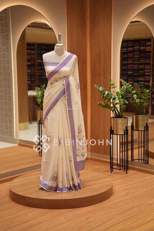 Printed Cotton Saree For Women Ivory White BJ1447