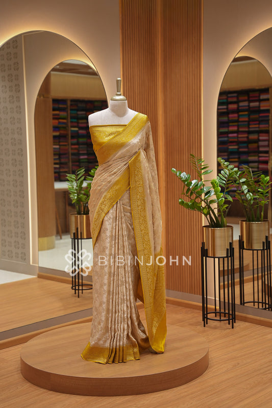 Satin Brocade Saree For Women Champagne Beige BJ1449