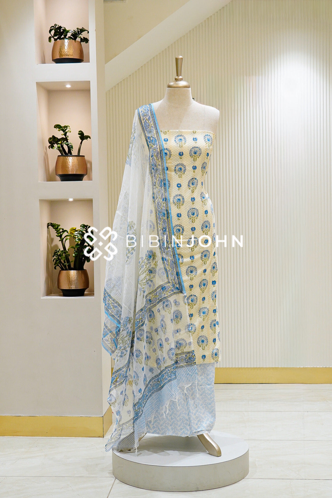 Printed Cotton Unstitched Salwar Suit Material Cream with Sky Blue BJ1450