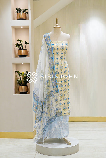 Printed Cotton Unstitched Salwar Suit Material Cream with Sky Blue BJ1450
