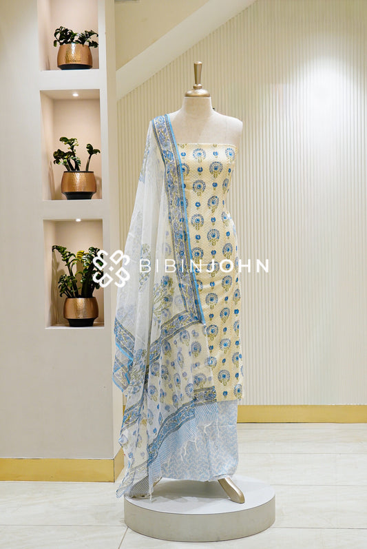 Printed Cotton Unstitched Salwar Suit Material Cream with Sky Blue BJ1450