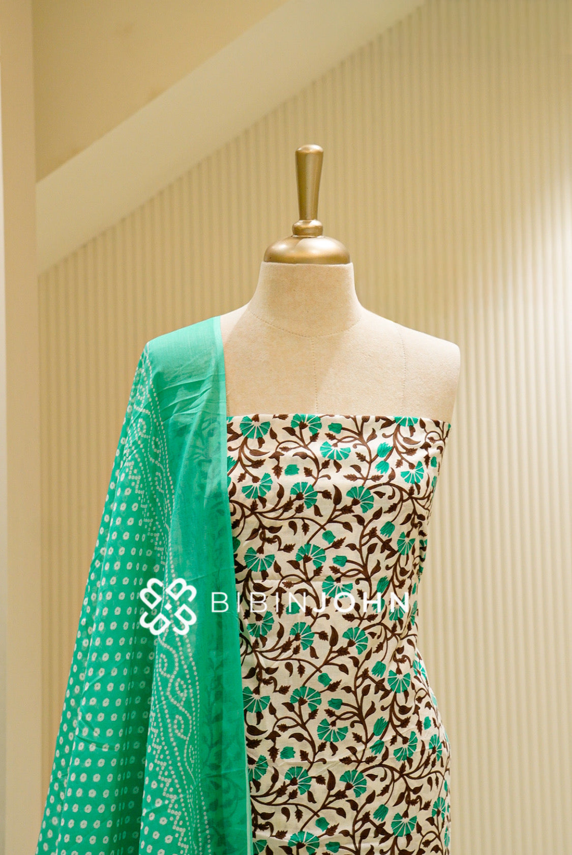 Printed Cotton Unstitched Salwar Suit Material Ivory With Emerald Green BJ1451