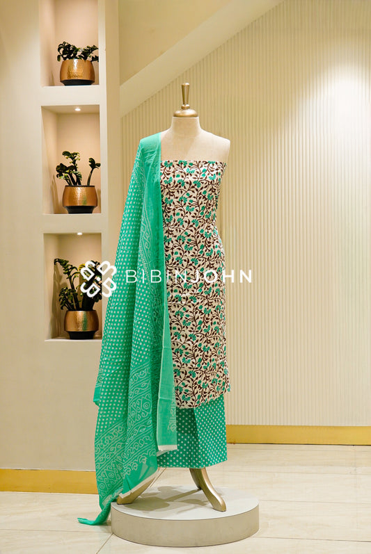 Printed Cotton Unstitched Salwar Suit Material Ivory With Emerald Green BJ1451