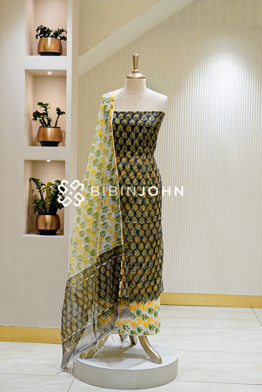 Printed Cotta Unstitched Salwar Suit Material Charcoal Black With Mustard Yellow BJ1452