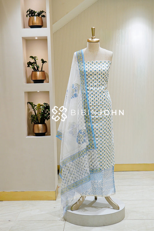 Printed Cotton Unstitched Salwar Suit Material Ivory with Sky Blue BJ1455