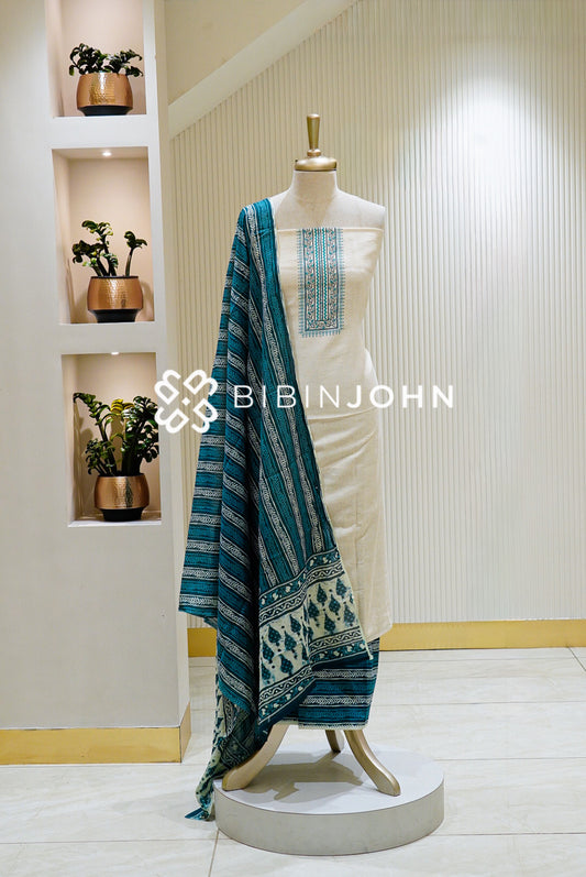 Printed Cotton Unstitched Salwar Suit Material Cream with Teal Blue BJ1464