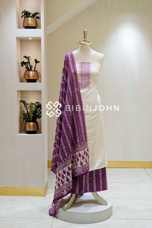Printed Cotton Unstitched Salwar Suit Material Cream and Deep Purple BJ1465