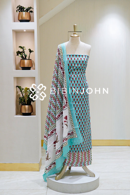 Printed Cotton Unstitched Salwar Suit Material Aqua Blue BJ1467