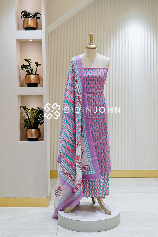 Printed Cotton Unstitched Salwar Suit Material Lavender Pink BJ1468