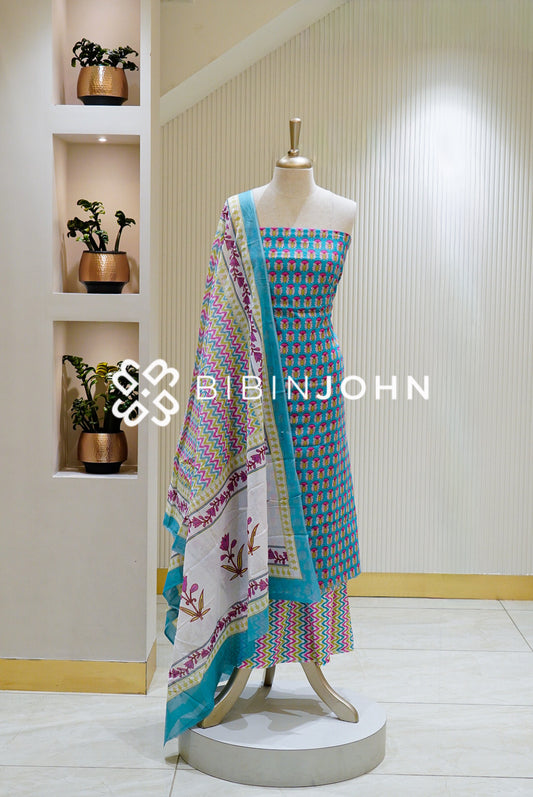 Printed Cotton Unstitched Salwar Suit Material Turquoise Blue BJ1469
