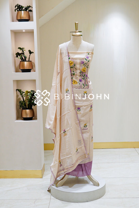 Silk Embroidery Unstitched Salwar Suit Material Ivory BJ1472