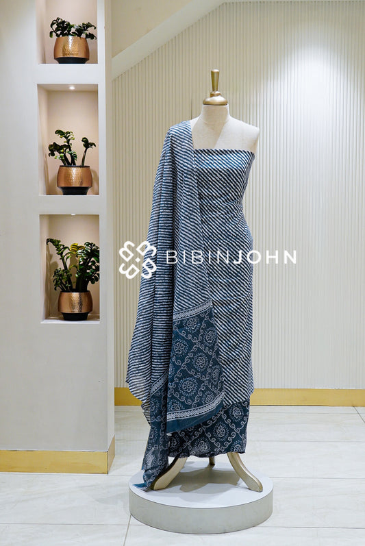 Printed Cotton Unstitched Salwar Suit Material Navy Blue and White BJ1482