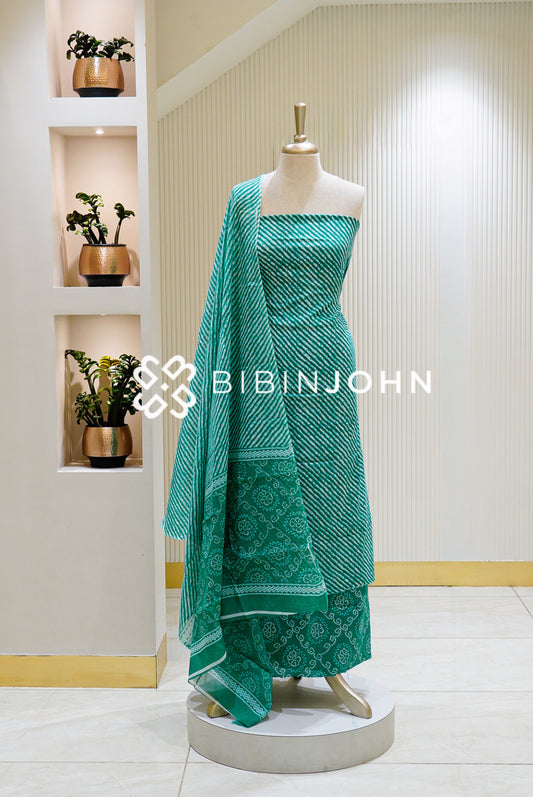 Printed Cotton Unstitched Salwar Suit Material Emerald Green and White BJ1483