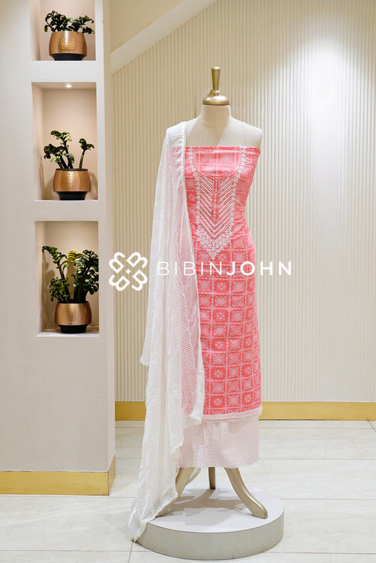 Cotton Embroidery Unstitched Salwar Suit Material Coral Pink with White BJ1484