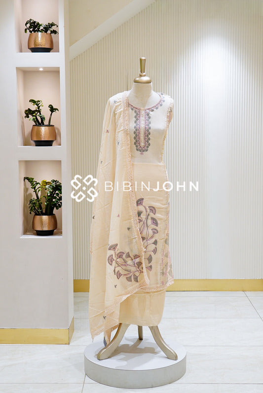 Semi Stitched Chanderi Embroidery Salwar Suit Material Ivory Cream BJ1486