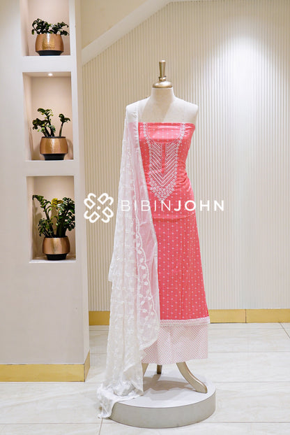 Cotton Embroidery Unstitched Salwar Suit Material Coral Pink BJ1487