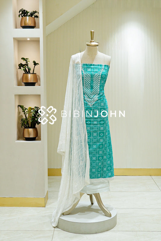 Cotton Embroidery Unstitched Salwar Suit Material Turquoise Teal BJ1488
