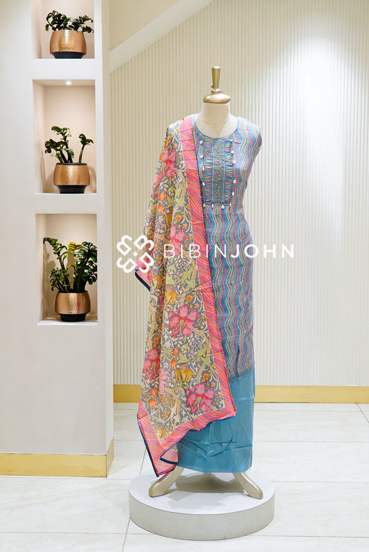 Semi Stitched Muslin Embroidery Salwar Suit Material Steel Blue BJ1494