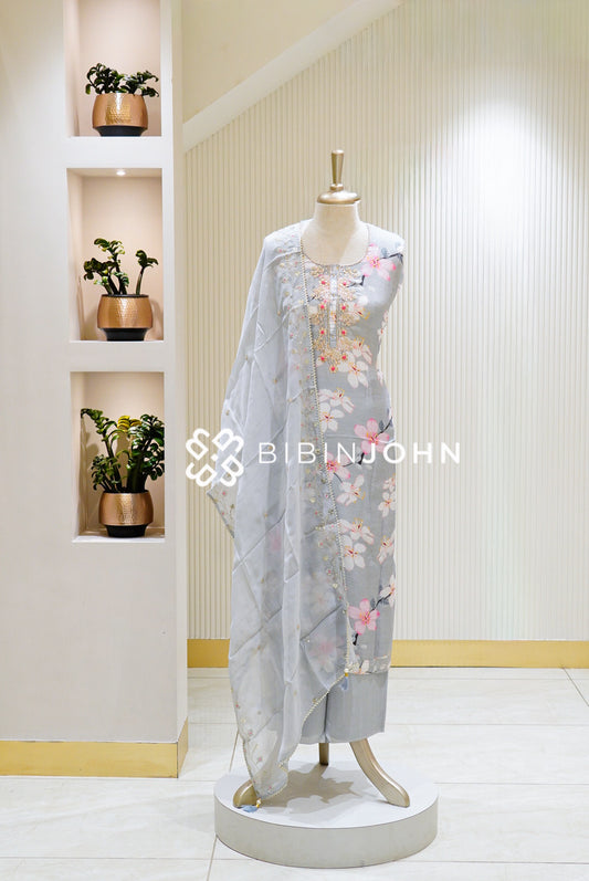 Semi Stitched Muslin Embroidery Salwar Suit Material Light Grey BJ1495