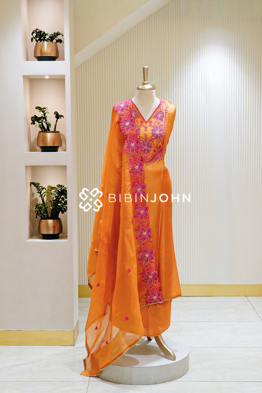 Semi Stitched Tissue Salwar Suit Material Orange BJ1497