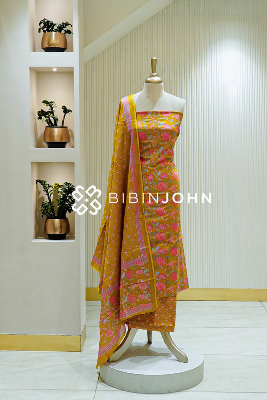Printed Cotton Unstitched Salwar Suit Material Mustard Yellow BJ1502