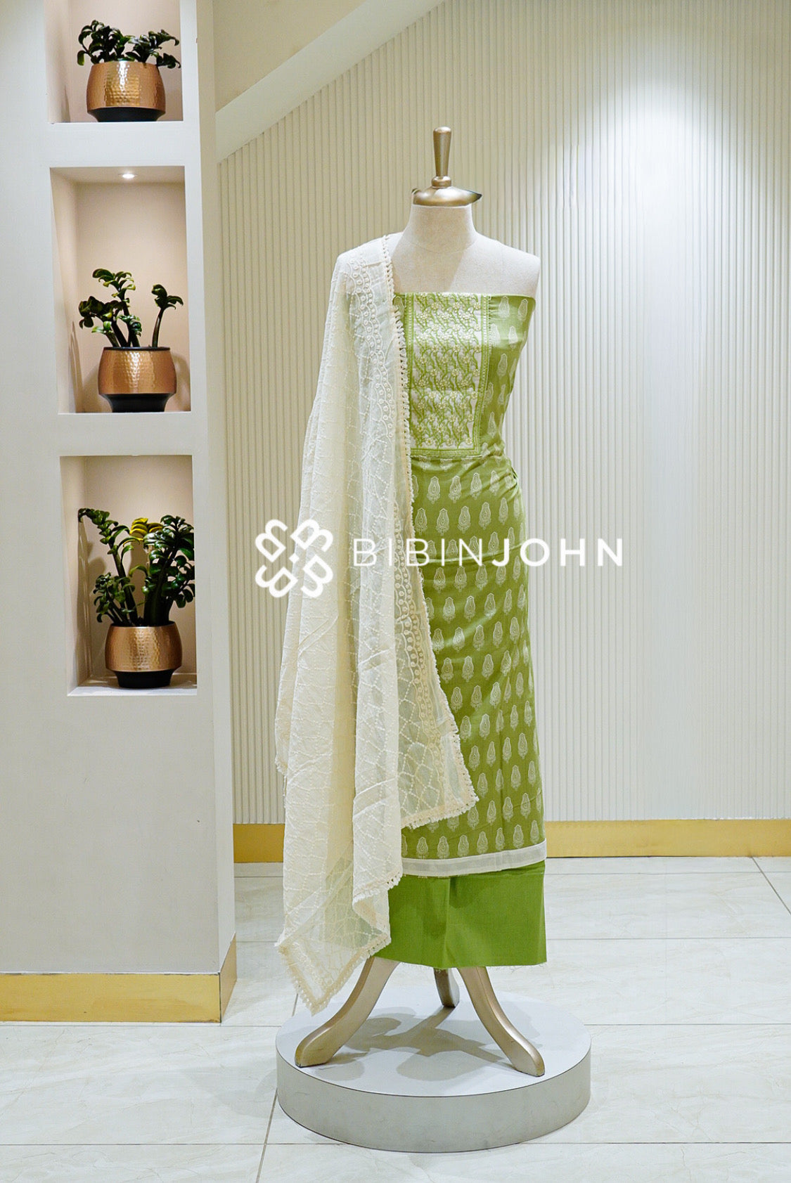 Printed Cotton Embroidery Unstitched Salwar Suit Material Olive Green BJ1503
