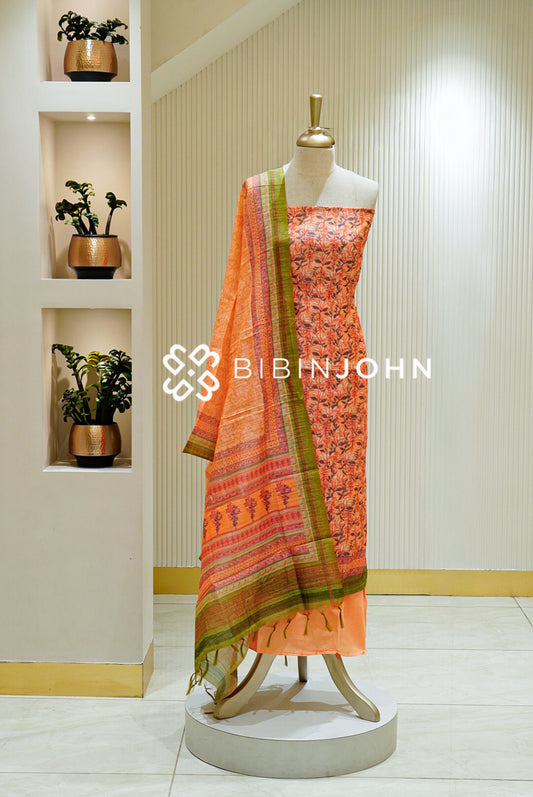 Printed Chanderi Unstitched Salwar Suit Material Orange Peach BJ1505