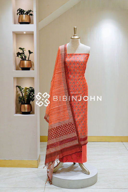 Printed Chanderi Unstitched Salwar Suit Material Coral Orange BJ1508