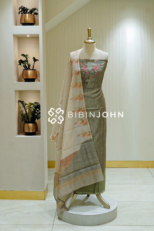Silk Embroidery Unstitched Salwar Suit Material Grey Olive BJ1509