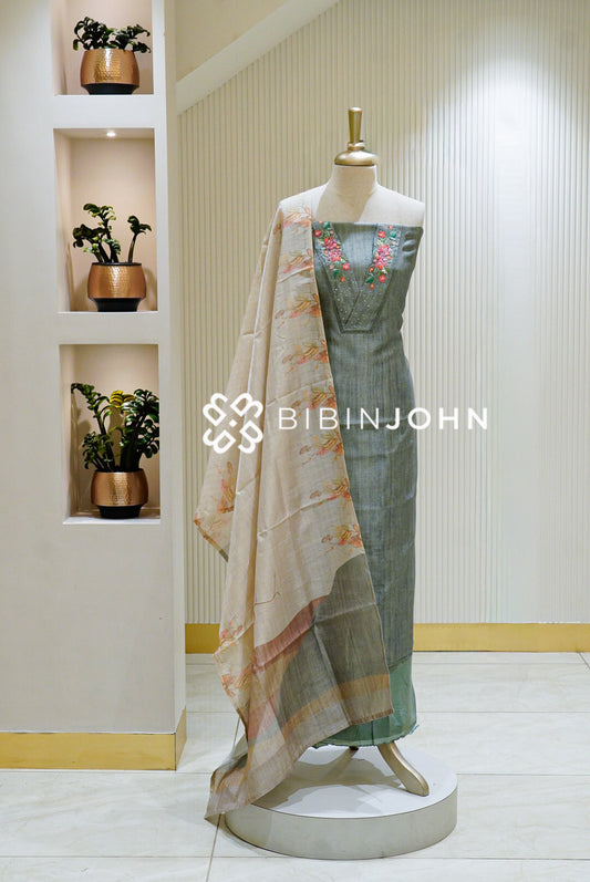Silk Embroidery Unstitched Salwar Suit Material Smoky Grey BJ1511